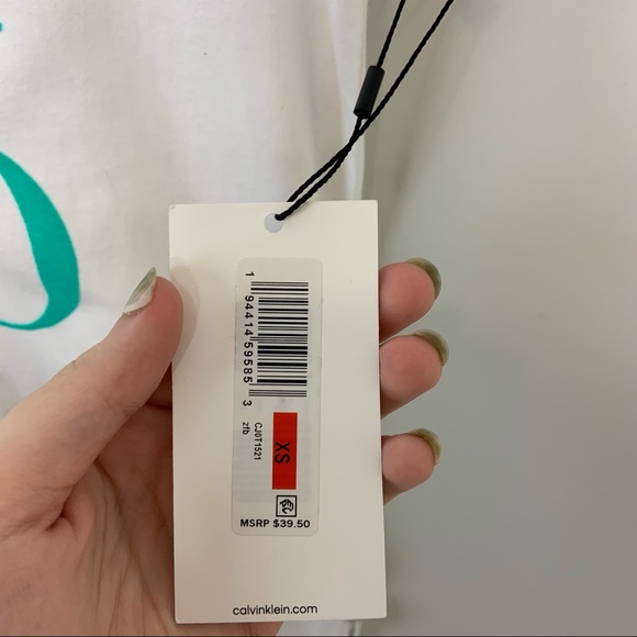 Calvin Klein Jeans White Teal CK Logo T-Shirt - Picture 6 of 7